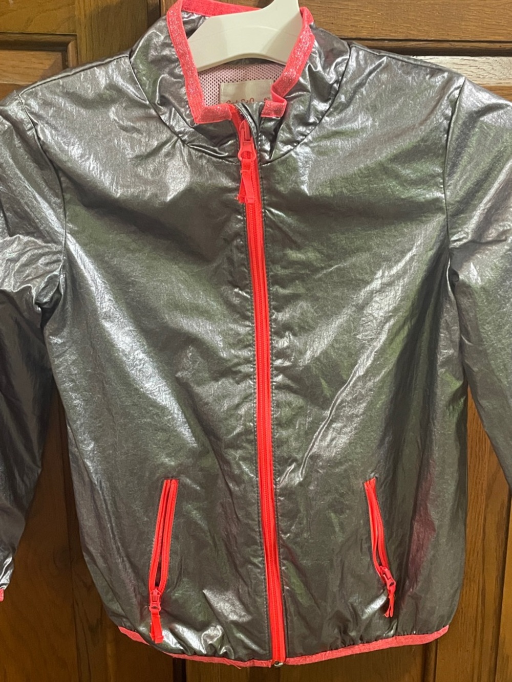 Cat & Jack Metallic Silver Jacket w Neon Pink Trim gently loved girls Sz. 6/6x